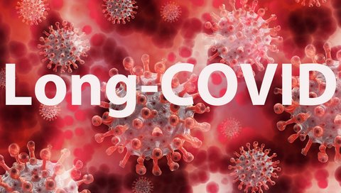 The lettering “Long-COVID” in front of stylized coronaviruses. 